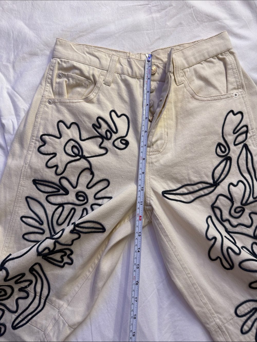 We The Free Cream Jeans with Black Floral Outline Embroidery - Picture 4 of 16